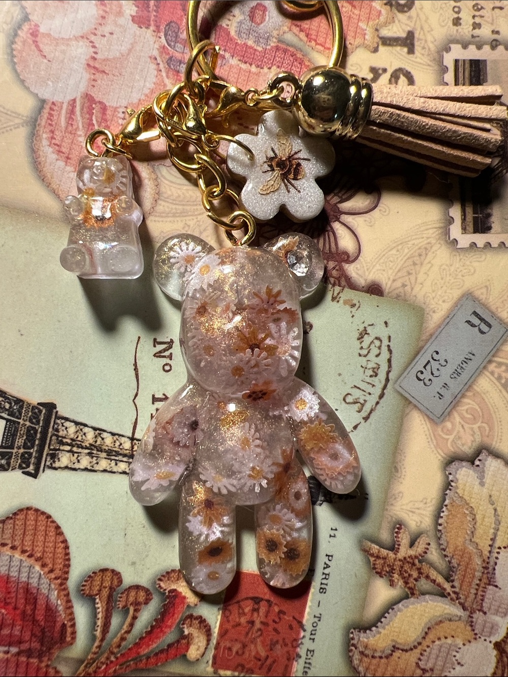 Gold Floral Resin Bear Keychain, backpack or purse Charm - Women's Accessory